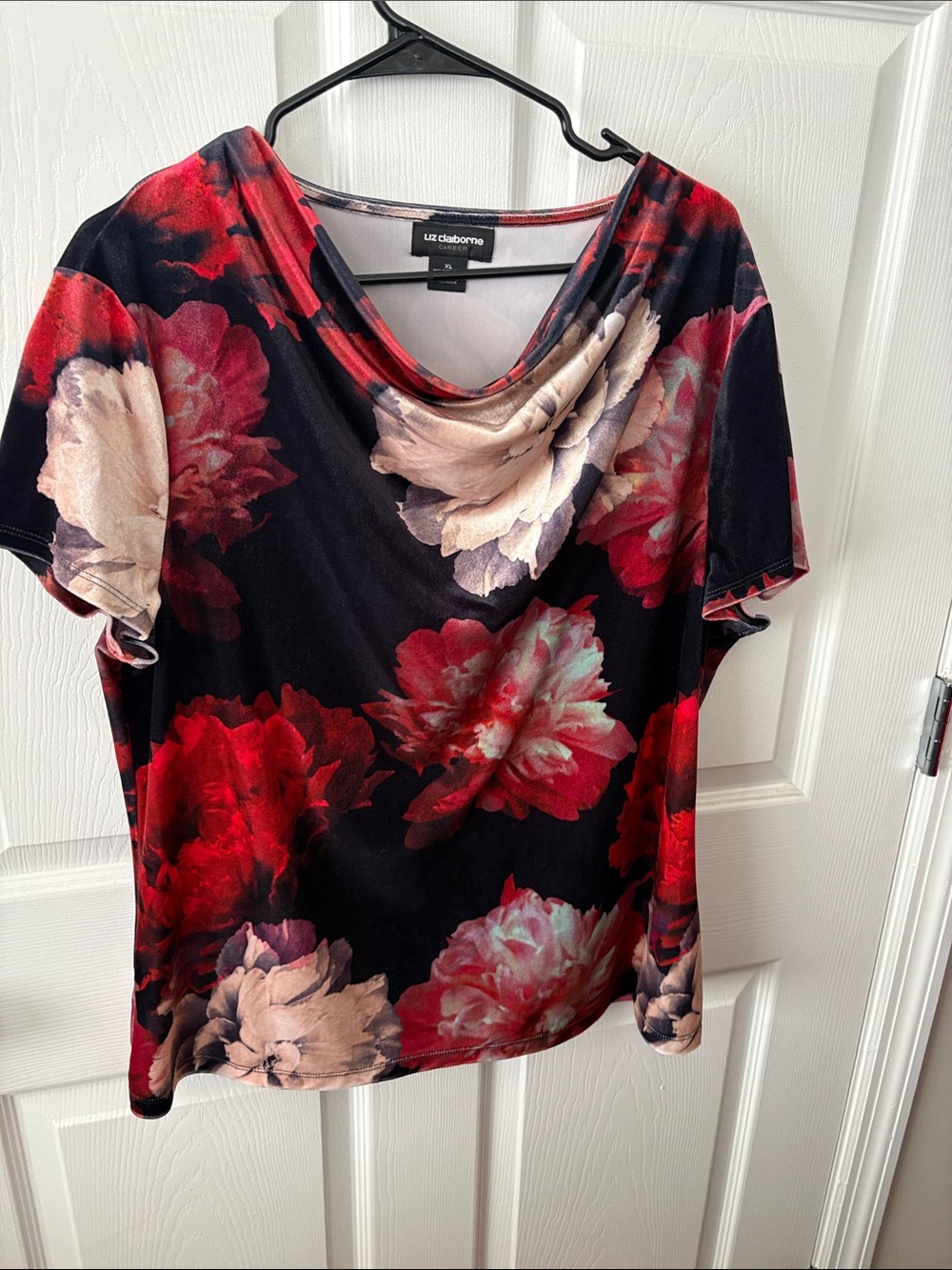 Liz Claiborne Black Floral Cowl Neck Top with Red and Cream Blooms